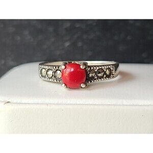 925 Sterling Silver Marcasite & Faux Red Stone Ring, SIZE US 8.75 Vintage